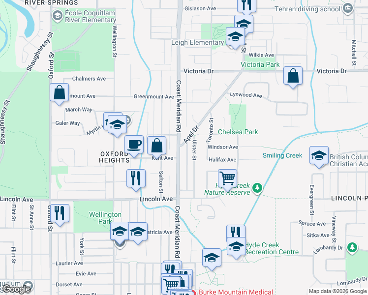 map of restaurants, bars, coffee shops, grocery stores, and more near 1498 Apel Drive in Port Coquitlam
