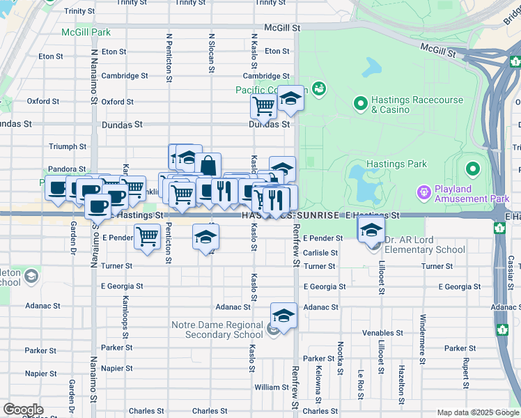 map of restaurants, bars, coffee shops, grocery stores, and more near 388 Kaslo Street in Vancouver