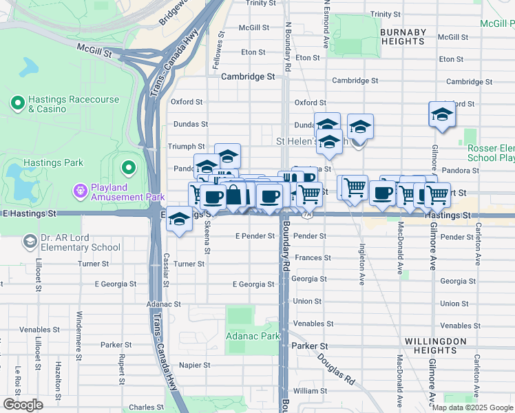 map of restaurants, bars, coffee shops, grocery stores, and more near in Vancouver