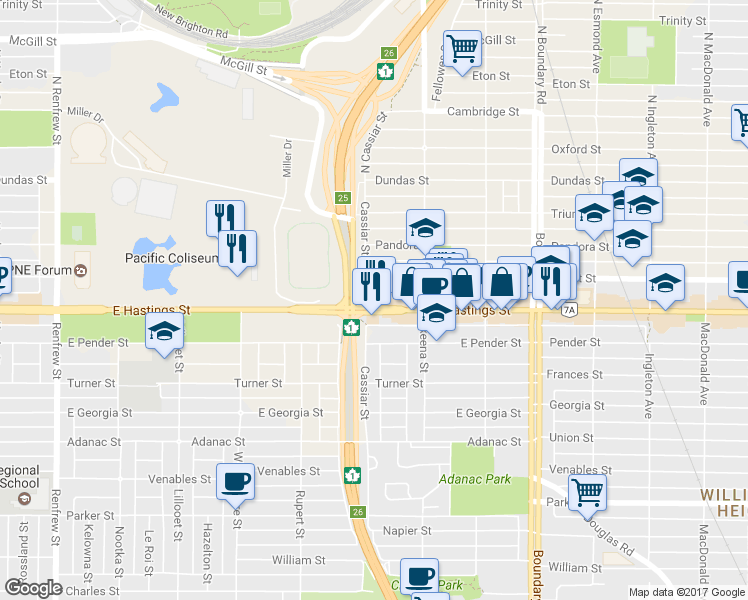 map of restaurants, bars, coffee shops, grocery stores, and more near in Vancouver