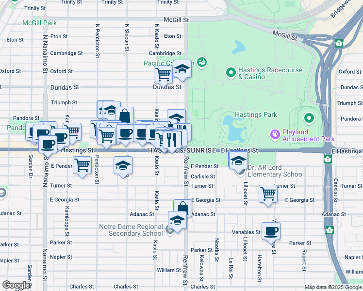 map of restaurants, bars, coffee shops, grocery stores, and more near in Vancouver