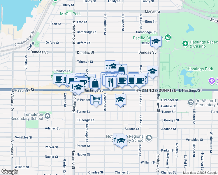 map of restaurants, bars, coffee shops, grocery stores, and more near 2603 East Hastings Street in Vancouver