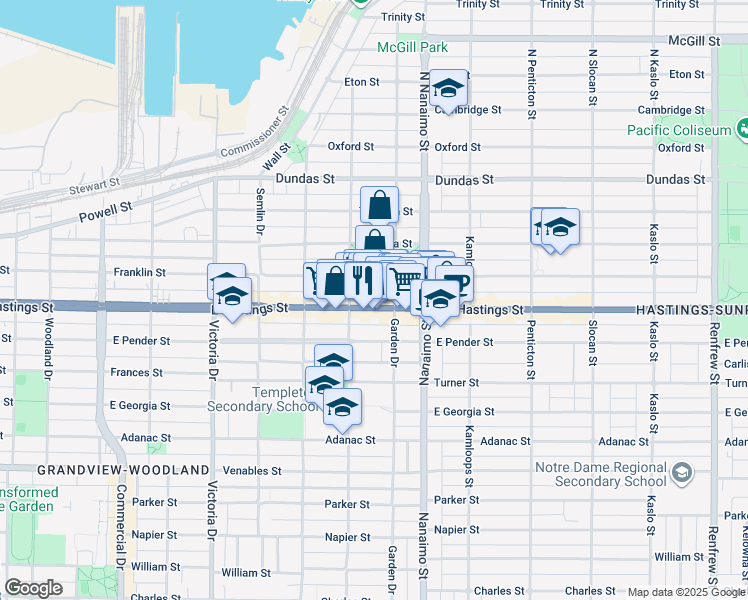 map of restaurants, bars, coffee shops, grocery stores, and more near in Vancouver