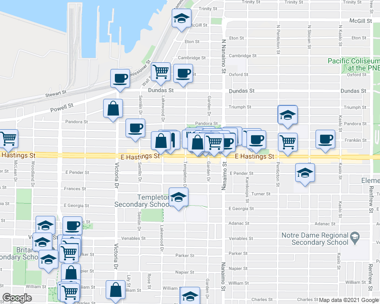 map of restaurants, bars, coffee shops, grocery stores, and more near in Vancouver