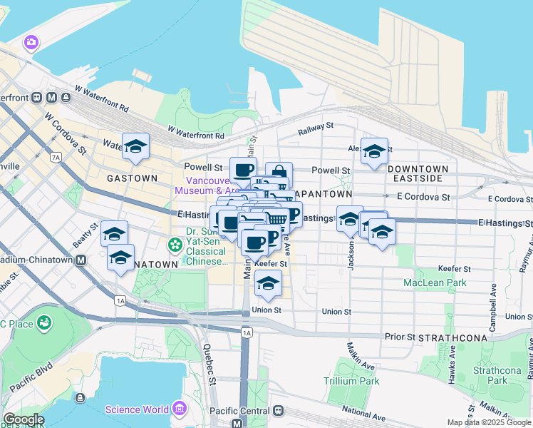 map of restaurants, bars, coffee shops, grocery stores, and more near 500 Main Street in Vancouver