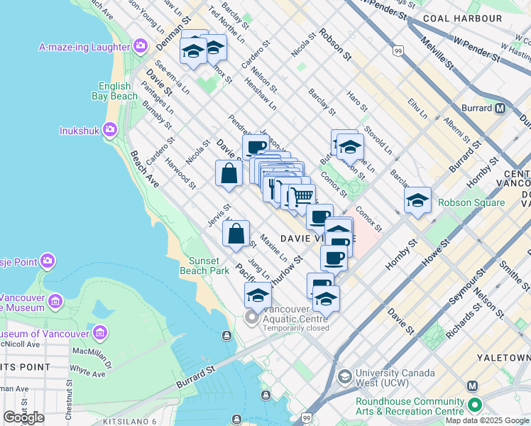 map of restaurants, bars, coffee shops, grocery stores, and more near in Vancouver