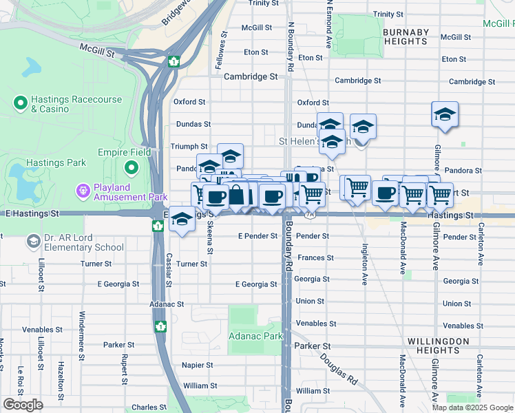 map of restaurants, bars, coffee shops, grocery stores, and more near 519 Kootenay Street in Vancouver