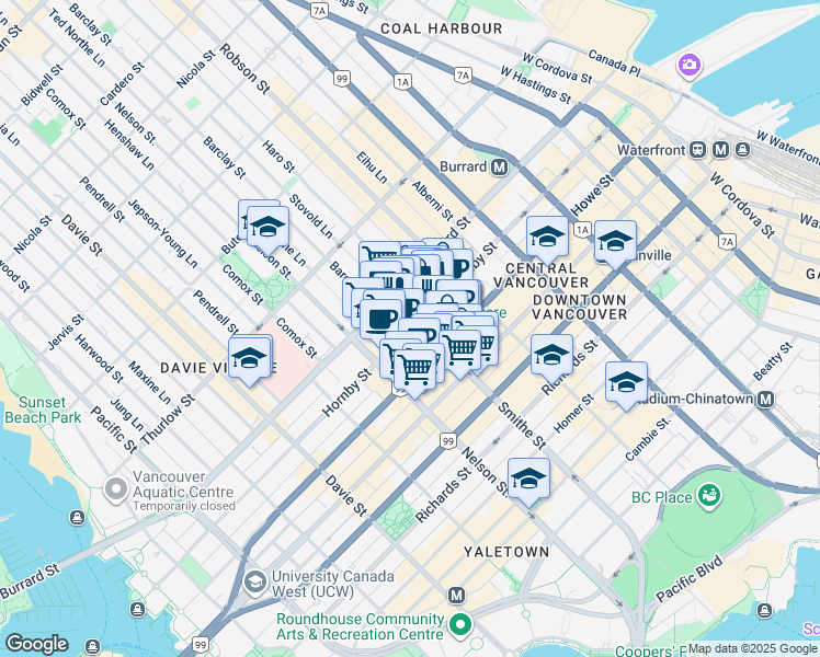 map of restaurants, bars, coffee shops, grocery stores, and more near 911 Hornby Street in Vancouver
