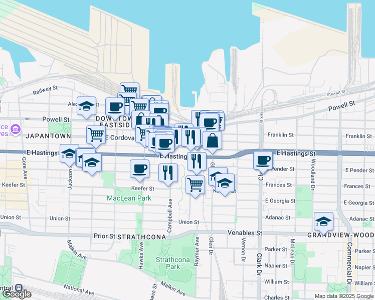 map of restaurants, bars, coffee shops, grocery stores, and more near in Vancouver