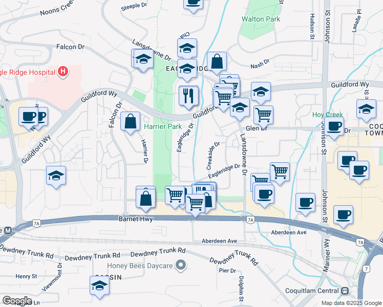 map of restaurants, bars, coffee shops, grocery stores, and more near 2674 Sparrow Court in Coquitlam