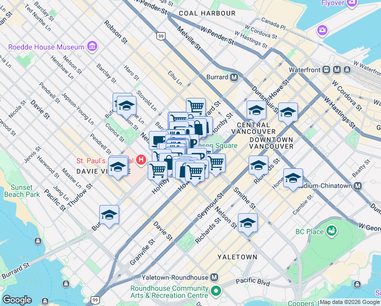 map of restaurants, bars, coffee shops, grocery stores, and more near 933 Hornby Street in Vancouver