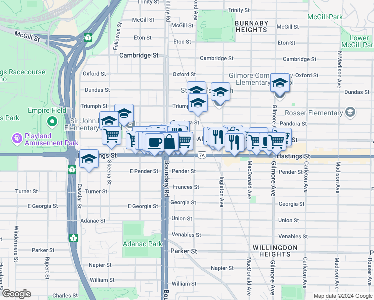 map of restaurants, bars, coffee shops, grocery stores, and more near 2265 Hastings Street in Burnaby