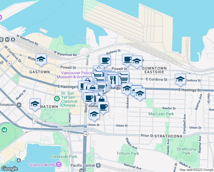 map of restaurants, bars, coffee shops, grocery stores, and more near 341 East Hastings Street in Vancouver