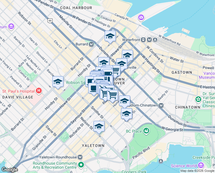map of restaurants, bars, coffee shops, grocery stores, and more near 704 Seymour Street in Vancouver