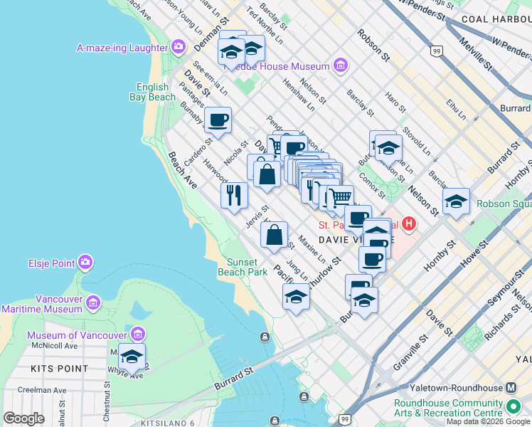 map of restaurants, bars, coffee shops, grocery stores, and more near 1330 Jervis Street in Vancouver