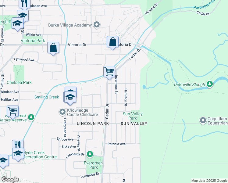 map of restaurants, bars, coffee shops, grocery stores, and more near 3849 Inverness Street in Port Coquitlam
