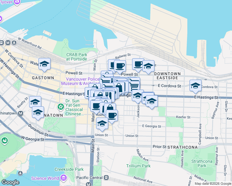 map of restaurants, bars, coffee shops, grocery stores, and more near 341 East Hastings Street in Vancouver