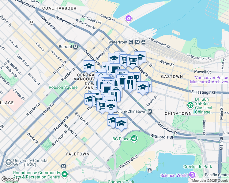 map of restaurants, bars, coffee shops, grocery stores, and more near 401 West Georgia Street in Vancouver