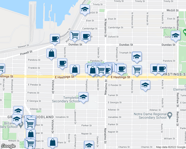 map of restaurants, bars, coffee shops, grocery stores, and more near 2276 East Hastings Street in Vancouver