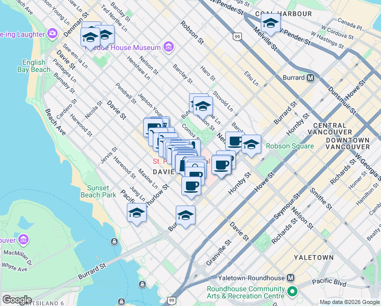 map of restaurants, bars, coffee shops, grocery stores, and more near 1117 Pendrell Street in Vancouver