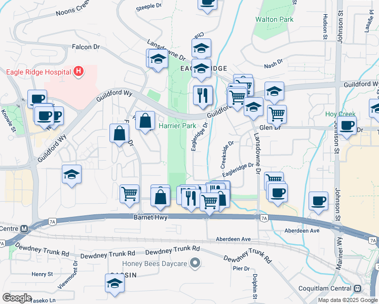 map of restaurants, bars, coffee shops, grocery stores, and more near 1160 Eagleridge Drive in Coquitlam