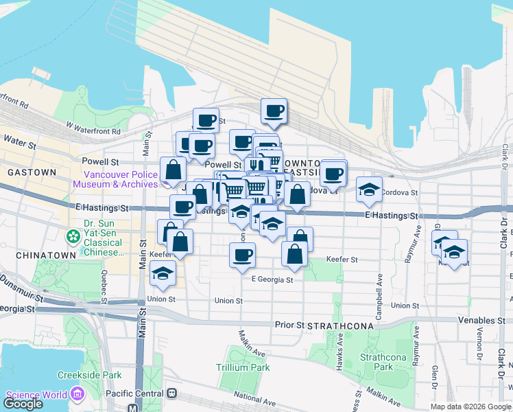 map of restaurants, bars, coffee shops, grocery stores, and more near 533 East Hastings Street in Vancouver