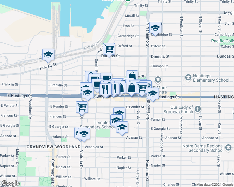 map of restaurants, bars, coffee shops, grocery stores, and more near 2141 East Hastings Street in Vancouver
