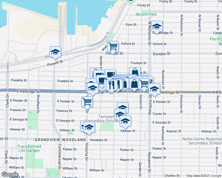 map of restaurants, bars, coffee shops, grocery stores, and more near 385 Lakewood Drive in Vancouver