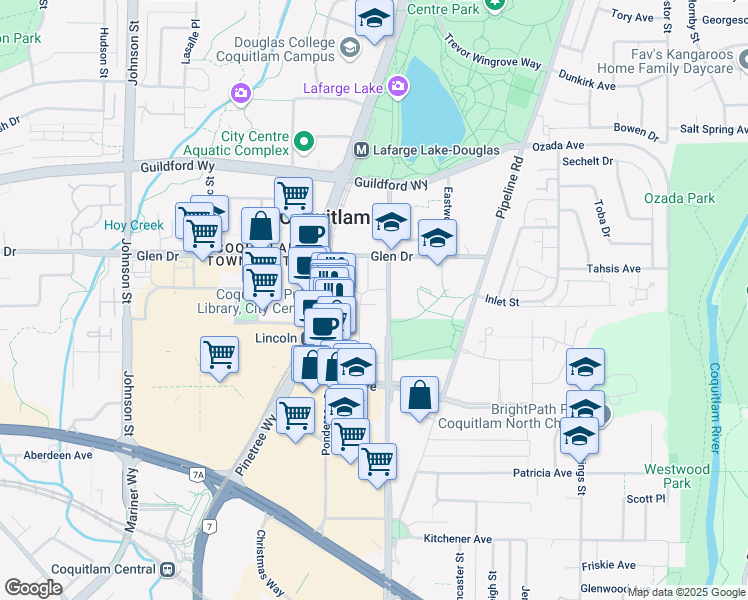 map of restaurants, bars, coffee shops, grocery stores, and more near 1175 Heffley Crescent in Coquitlam