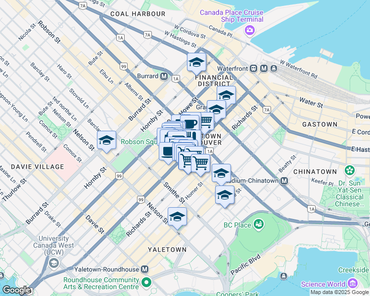 map of restaurants, bars, coffee shops, grocery stores, and more near in Vancouver