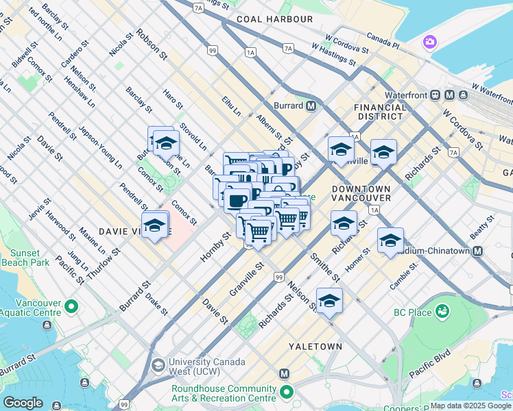 map of restaurants, bars, coffee shops, grocery stores, and more near 906 Hornby Street in Vancouver