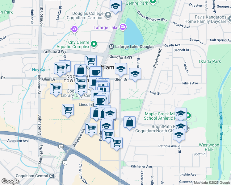 map of restaurants, bars, coffee shops, grocery stores, and more near 1175 Heffley Crescent in Coquitlam
