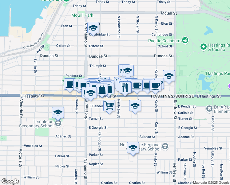 map of restaurants, bars, coffee shops, grocery stores, and more near 2585 East Hastings Street in Vancouver