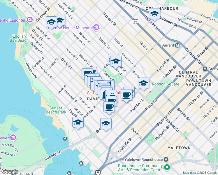 map of restaurants, bars, coffee shops, grocery stores, and more near 1119 Pendrell Street in Vancouver