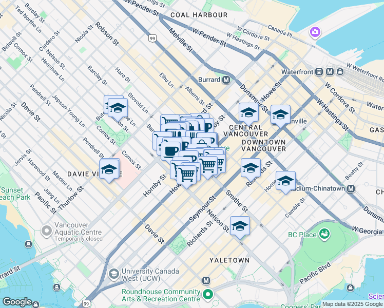 map of restaurants, bars, coffee shops, grocery stores, and more near 903 Smithe Street in Vancouver