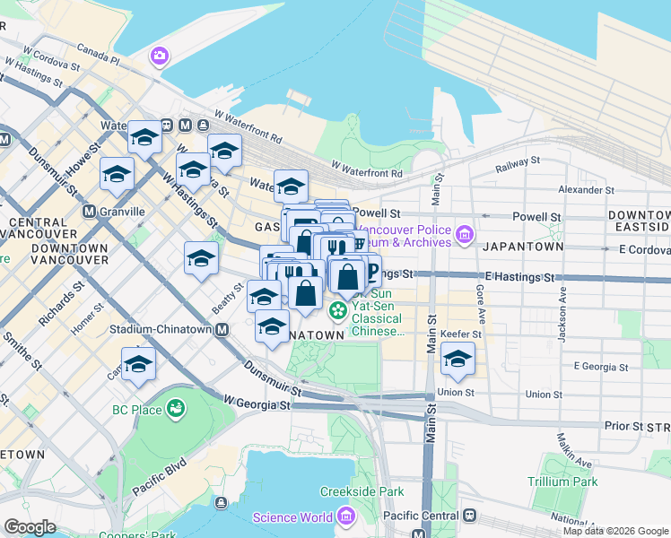 map of restaurants, bars, coffee shops, grocery stores, and more near E Hastings St & Carrall St in Vancouver
