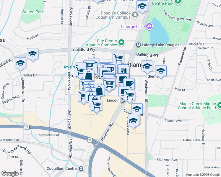 map of restaurants, bars, coffee shops, grocery stores, and more near 2980 Atlantic Avenue in Coquitlam