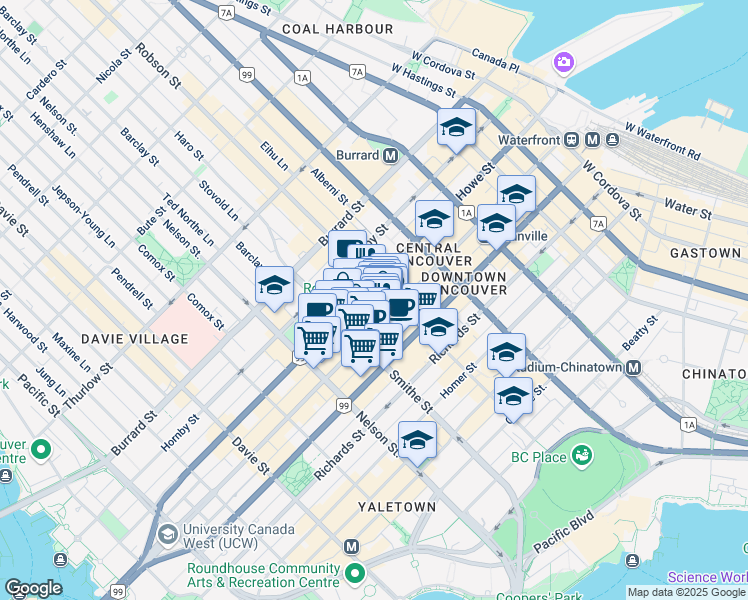map of restaurants, bars, coffee shops, grocery stores, and more near 784 Robson Street in Vancouver