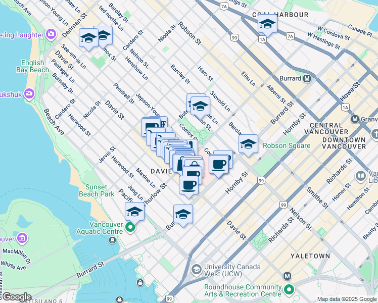 map of restaurants, bars, coffee shops, grocery stores, and more near 1117 Pendrell Street in Vancouver
