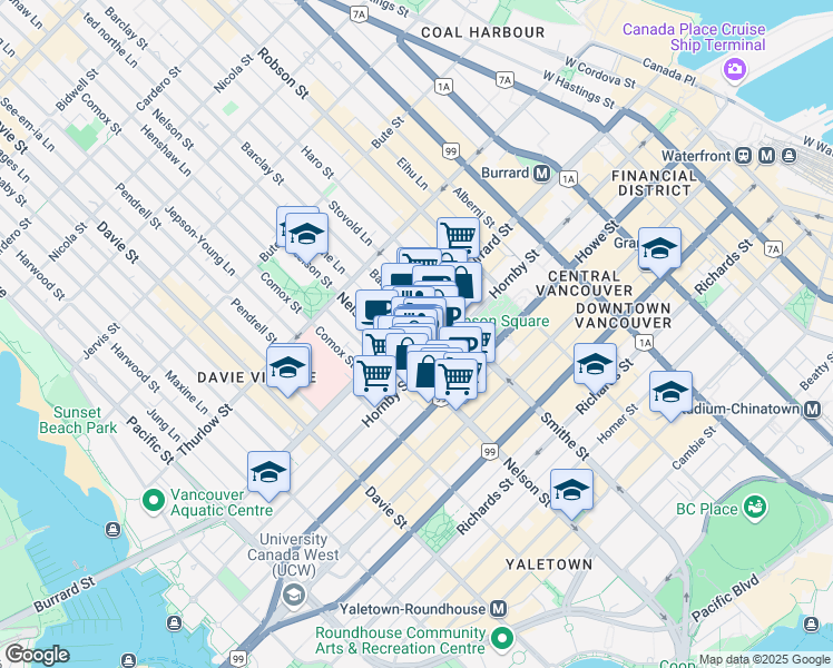 map of restaurants, bars, coffee shops, grocery stores, and more near 928 Nelson Street in Vancouver