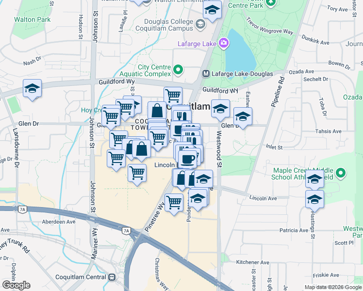 map of restaurants, bars, coffee shops, grocery stores, and more near 1180 Pinetree Way in Coquitlam