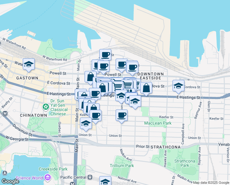 map of restaurants, bars, coffee shops, grocery stores, and more near 437 East Hastings Street in Vancouver