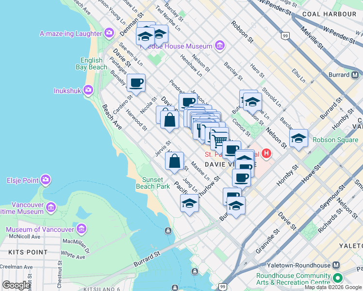 map of restaurants, bars, coffee shops, grocery stores, and more near 1250 Burnaby Street in Vancouver