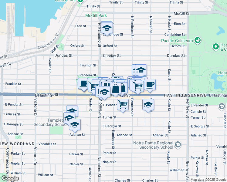 map of restaurants, bars, coffee shops, grocery stores, and more near 323 Kamloops Street in Vancouver