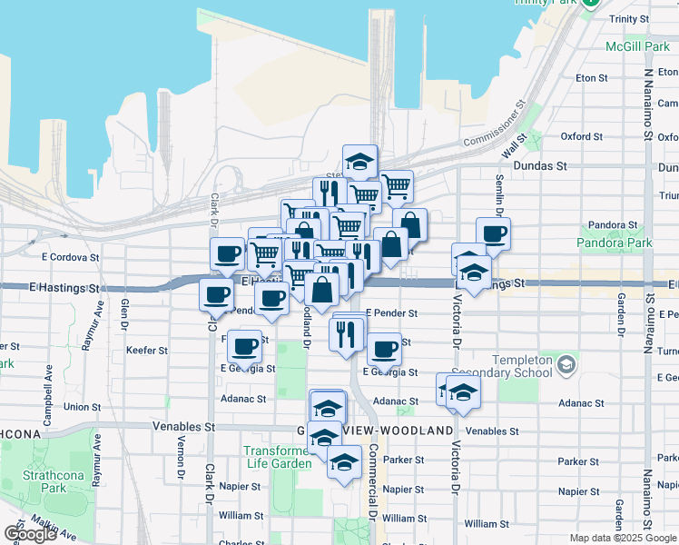 map of restaurants, bars, coffee shops, grocery stores, and more near in Vancouver