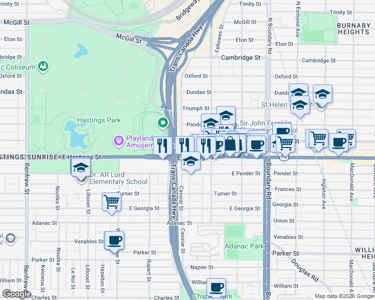 map of restaurants, bars, coffee shops, grocery stores, and more near 3423 East Hastings Street in Vancouver