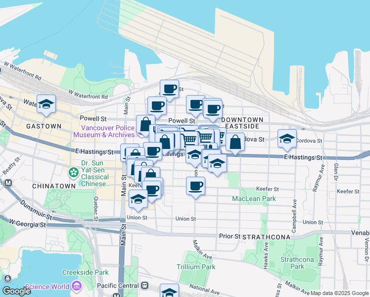 map of restaurants, bars, coffee shops, grocery stores, and more near 437 East Hastings Street in Vancouver