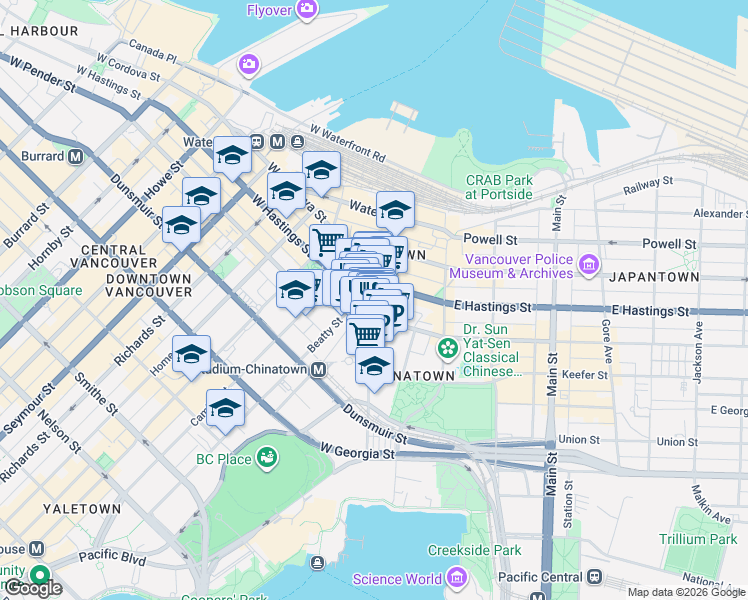 map of restaurants, bars, coffee shops, grocery stores, and more near 688 Abbott Street in Vancouver