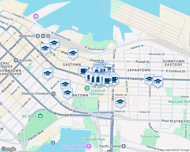 map of restaurants, bars, coffee shops, grocery stores, and more near 71 East Hastings Street in Vancouver