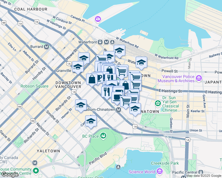 map of restaurants, bars, coffee shops, grocery stores, and more near 250 West Pender Street in Vancouver